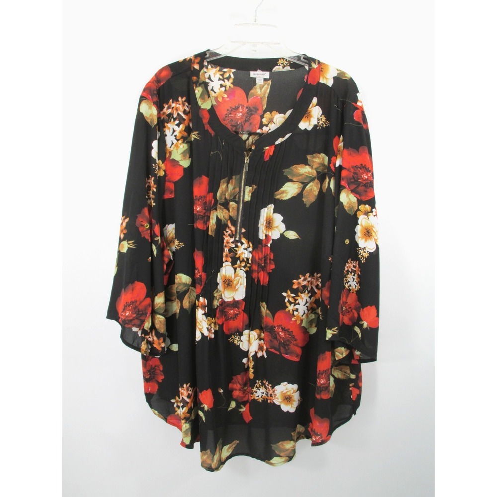 AVENUE Pullover Tunic Blouse Women 30/32 Black Floral Pleated Front Zipper Flowy